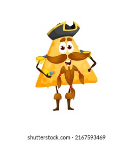 Cartoon mexican nachos chip pirate captain character. Vector personage of tortilla chip corsair with funny beard, pirate captain hat and vintage pocket compass watch, corn snack or fast food crisps
