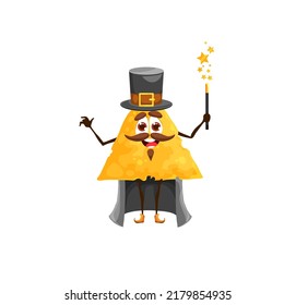 Cartoon Mexican nachos magician character, wizard with magic wand, vector. Kids personage, funny isolated nacho chip as sorcerer magician or warlock in magic cape and witch hat