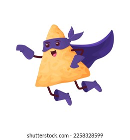 Cartoon mexican nachos superhero character in mask and cape flying. Funny vector super hero tex mex snack, isolated fantasy comics book personage for kid food menu. Courageous adventurer of Mexico