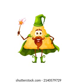 Cartoon Mexican nachos wizard character, magician or sorcerer with magic wand, vector kids personage. Funny nachos chip as fairy tale magician or warlock mage with in magic cape and witch hat