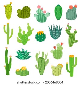 Cartoon Mexican or Peruvian desert cactus succulents with flowers, vector isolated icons. Summer cacti plants of aloe vera, agave and opuntia with blossom flowers, Mexico and Peru pricky plants