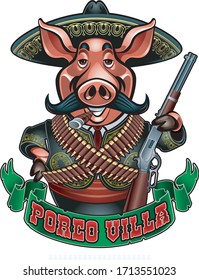 Cartoon Mexican Pig Bandit Holding Gun