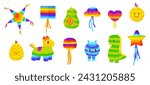 Cartoon mexican pinatas. Isolated pinata llama, star and dinos. Decorative party fiesta paper toys with sweets and confetti, snugly vector clipart