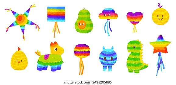 Cartoon mexican pinatas. Isolated pinata llama, star and dinos. Decorative party fiesta paper toys with sweets and confetti, snugly vector clipart