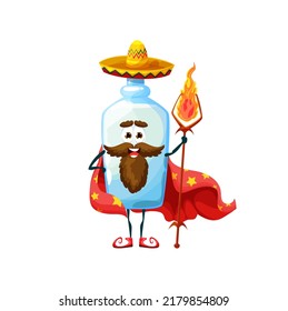 Cartoon mexican pulque magician character. Isolated vector tequila bottle with magic staff wear sombrero and red cape with stars. Funny alcohol drink fairytale personage, smiling flask with big eyes