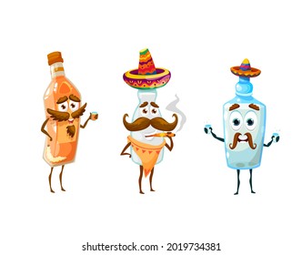 Cartoon Mexican pulque, mezcal and tequila characters, vector bottles icons. Viva Mexico or Mexican fiesta party symbols of alcohol drinks tequila, pulque and mezcal with sombreros and mustaches