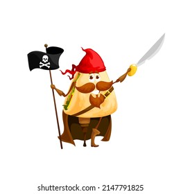 Cartoon Mexican Quesadilla Pirate Character, Vector Sword, Black Flag And Red Bandana. Mexican Fast Food Cheese Tortilla Personage With Mustache, Beard And Wooden Peg Leg, Quesadilla Corsair Emoji