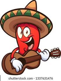 Cartoon Mexican red chili pepper with guitar clip art. Vector illustration with simple gradients. All in a single layer. 
