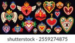 Cartoon mexican sacred hearts. Mystical traditional symbols, love charms, spiritual memorial signs, colorful scull and flowers, patterned isolated decorative trendy elements, tidy vector set