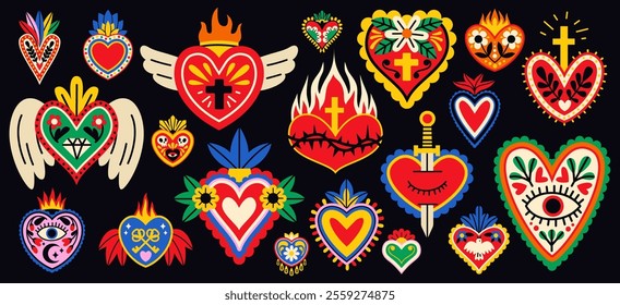 Cartoon mexican sacred hearts. Mystical traditional symbols, love charms, spiritual memorial signs, colorful scull and flowers, patterned isolated decorative trendy elements, tidy vector set