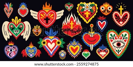 Cartoon mexican sacred hearts. Mystical traditional symbols, love charms, spiritual memorial signs, colorful scull and flowers, patterned isolated decorative trendy elements, tidy vector set