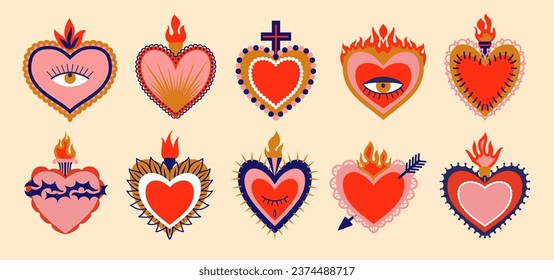 Cartoon Mexican sacred hearts. Vibrant vector set featuring intricate designs, bold colors, and cultural symbolism and thorns, eyes and crowns, celebrating the rich heritage and spirituality of Mexico