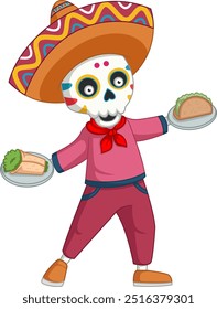 Desenho animado esqueleto mexicano segurando taco de ilustração