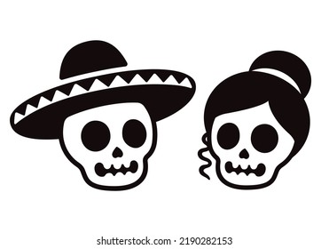 Cartoon Mexican skull couple  male in sombrero   female  Dia de los Muertos (Day the Dead) Halloween vector illustration  Simple black   white icon logo 