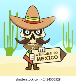 Cartoon Mexican Skull Vector Illustration For Dia De Los Muertos . Cute Male Skull With Mustache And Sombrero Hat.