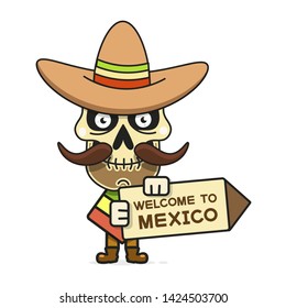 Cartoon Mexican Skull Vector Illustration For Dia De Los Muertos . Cute Male Skull With Mustache And Sombrero Hat.