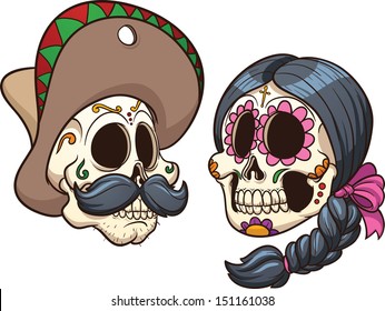 Cartoon mexican skulls. Vector clip art illustration with simple gradients. Each on a separate layer. 