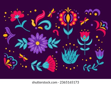 Montaje de caricaturas sobre flores folclóricas mexicanas o eslavas, brotes y hojas coloridas, elementos de diseño para el Día de los Muertos o el diseño floral del Festival Cinco de Mayo. Mes del Patrimonio Hispano.