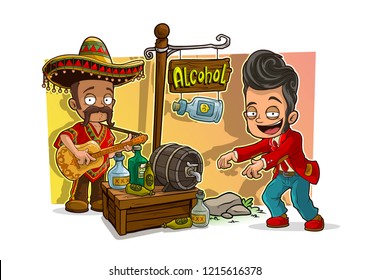Cartoon mexican in sombrero with guitar, stylish disco dancer character and alcohol vendor booth or shop market with text sign. Vector icon for game.