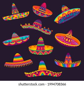 Cartoon Mexican sombrero, vector hats of mariachi musicians, latin men or cowboy charro. Mexican party or fiesta of Cinco de Mayo holiday festive sombreros, straw hats with bright ethnic patterns