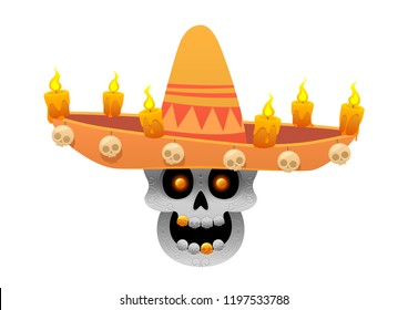 Cartoon Mexican sugar skull vector illustration for Dia de los Muertos Day of the Dead with sombrero hat