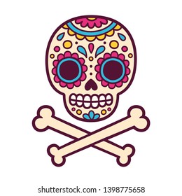 Cartoon Mexican sugar skull vector illustration for Dia de los Muertos (Day of the Dead). Cute and simple skull drawing with crossed bones.