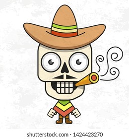 Cartoon Mexican Sugar Skull Vector Illustration For Dia De Los Muertos . Cute Male Skull Sombrero Hat.