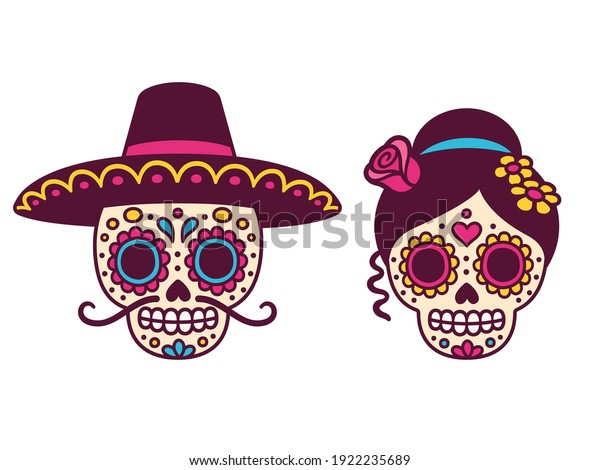 Cartoon\
Mexican sugar skulls couple for Dia de los Muertos (Day of the\
Dead). Male skull with mustache and sombrero hat and female with\
flowers. Cute vector clip art\
illustration.