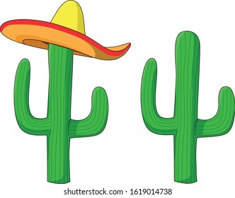 Cartoon Mexican symbol cactus and cactus with sombrero hat isolated vector illustration. Texas desert sign symbol logo for tourism souvenir print 