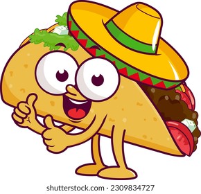 Cartoon Mexican taco character with sombrero hat. Vector illustration