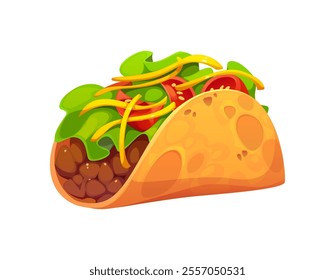 Cartoon Mexican taco with a crispy shell, filled with seasoned meat, fresh lettuce, tomatoes, and shredded cheese. Isolated vector traditional tex mex food, Hispanic cuisine snack, dish of Mexico