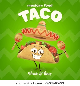 Cartoon mexican taco musician character in sombrero. Vector banner with cheerful tex mex food personage wearing a colorful mariachi hat playing maracas, adding a fun and festive vibes and tunes