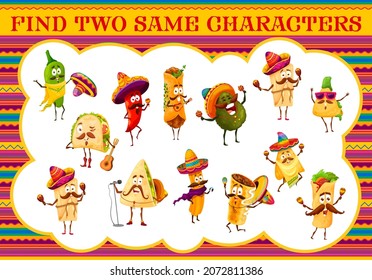Cartoon mexican tacos and burrito, churros and jalapeno, nachos and avocado. Find two same characters kids vector game. Educational children riddle with singing and dancing mariachi tex mex snacks