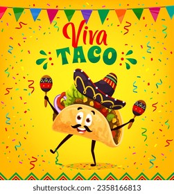 Cartoon mexican tacos character in sombrero hat with maracas. Tacos day banner with hot and spicy tex mex mariachi musician food personage. Vector festive background for cuisine of Mexico promo