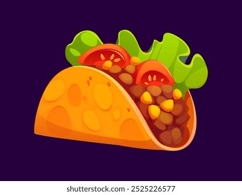 Cartoon tacos mexicanos fast food. Vetor isolado tex mex fast food lanche. Refeição tradicional do México, tirar prato latino feito de milho ou tortilha de trigo com carne de frango grelhada e legumes frescos