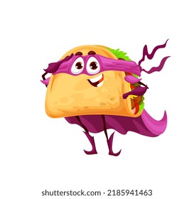 Cartoon mexican tacos Superheld-Charakter. Fastfood mit Tortilla, Gemüse und geerdetem Fleisch. Einzeln glücklicher Lächelnder Tacos-Verteidiger oder Helden-Vektorfigur in Maske, Mantel und Stiefel