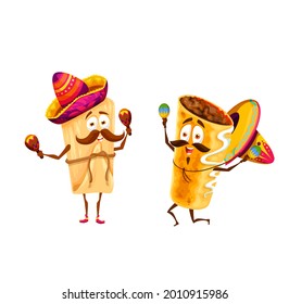 Cartoon mexican tamales and chimichanga happy characters. Vector mariachi funny musicians in sombrero playing maracas, tex mex fastfood artists with mustaches celebrate national holidays and sing svg
