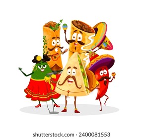 Cartoon Mexican Tex Mex cuisine dancing characters for Mexico holiday fiesta, vector food. Funny burrito in sombrero with maracas, quesadilla mariachi musician and chili pepper with avocado sing