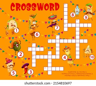 Cartoon Mexican Tex Mex Food Characters Crossword Puzzle Grid Worksheet, Find A Word Quiz Game. Vector Riddle With Funny Taco, Avocado, Chili And Enchiladas. Churro, Tequila, Burrito And Quesadilla