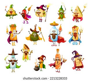 Cartoon Mexican Tex Mex food mage wizard, witch and magician, vector characters. Kids personages burrito wizard, taco magician, avocado sorcerer with magic wand, chil, jalapeno, quesadilla and churros svg