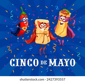 Cartoon mexican tex mex food superhero characters. Cinco de mayo holiday banner with red jalapeno chili pepper, tamales and burrito defenders wear super hero masks and capes inviting for celebration