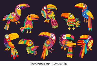 Cartoon Mexican toucan birds vector design with traditional animals of Mexico. Exotic tropical jungle toucan or toucanet birds, beaks, tails and feathers with colorful ethnic floral ornaments