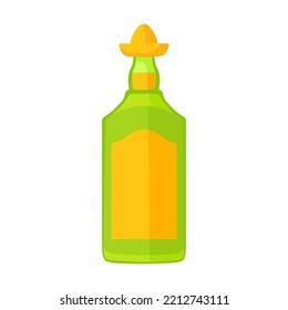Cartoon Mexican traditional symbol. Flat vector illustration. Colorful bottle of tequila. Culture, travel, Mexica concept
