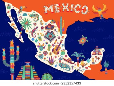 Cartoon Mexican travel map with Mexico landmarks and tourism attractions, vector background. Sombrero and guitar, burrito and tequila, Aztec or Mayan pyramids with tropical birds, animals and flowers