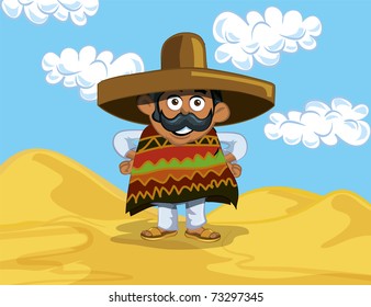 Cartoon Mexican wearing a huge sombrero iin the desert