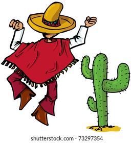 Cartoon Mexican wearing a huge sombrero islolated one white