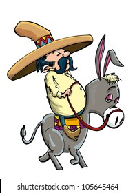 Cartoon Mexican wearing a sombrero riding a donkey. Isolated