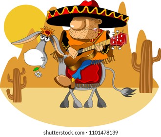 Cartoon Mexican wearing a sombrero riding a donkey in the desert 