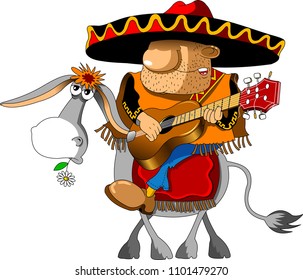 Cartoon Mexican wearing a sombrero riding a donkey in the desert 