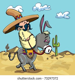 Cartoon Mexican wearing a sombrero riding a donkey in the desert